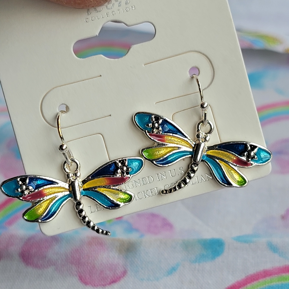 Free Spirit Boho Hippie People mosaic Dragonfly Insect dangle earrings